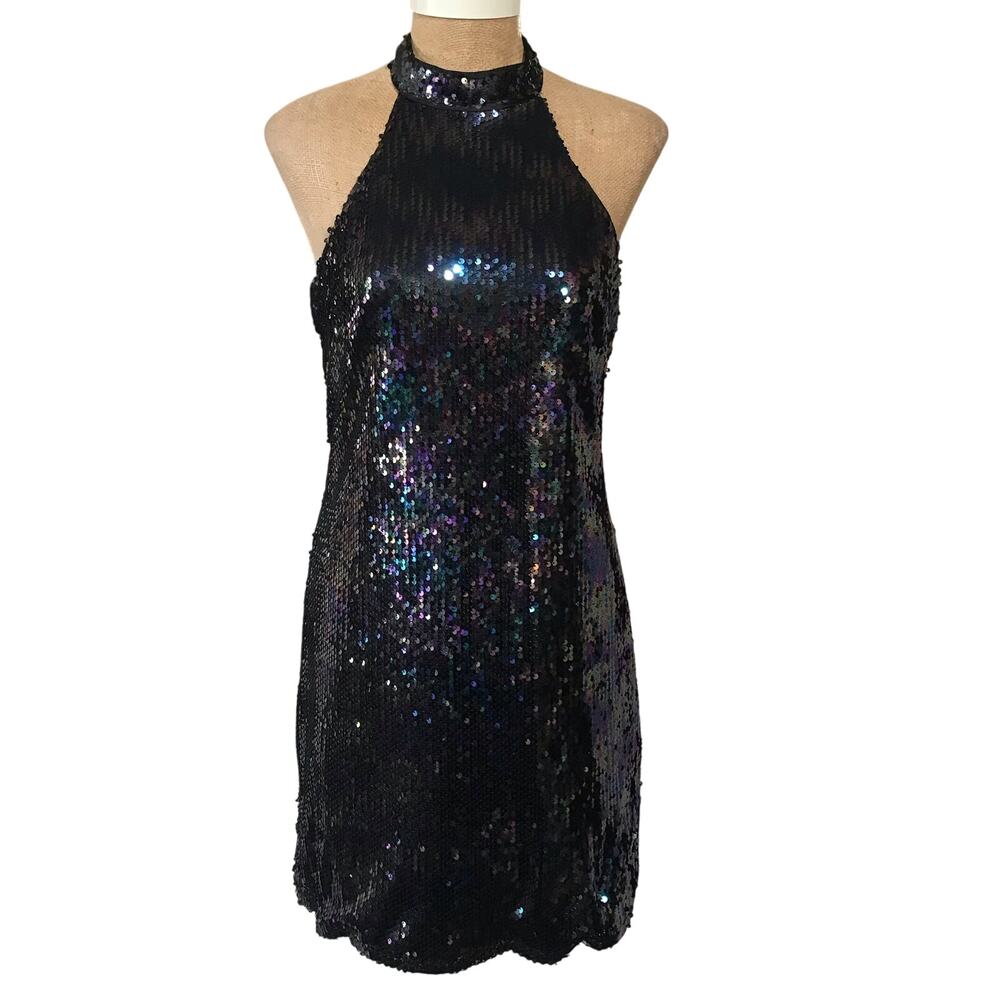 Lulu's Classic Diva Black Multi Sequin Halter Bodycon Mini Dress Size Large EUC - Picture 6 of 13